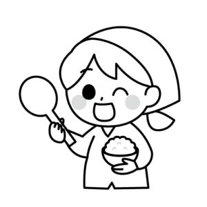 ごはんとしゃもじを持った人のモノクロイラスト