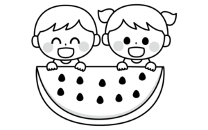 こどもとスイカのモノクロイラスト