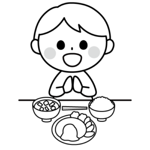いただきますをする男の子のモノクロイラスト